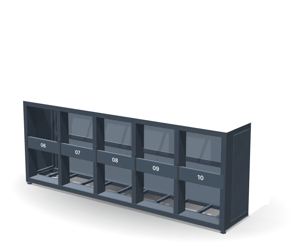 A SmartDispenser base module: the lower half built and installed, the upper half shown as a wireframe outline to indicate how further modules extend the configuration, one base module scaling into many
