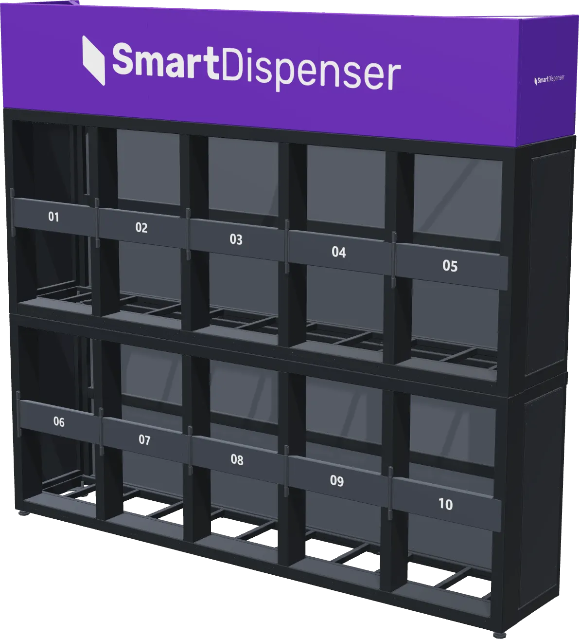SmartDispenser: two stacked modules with the SmartDispenser crown, ten numbered lockers